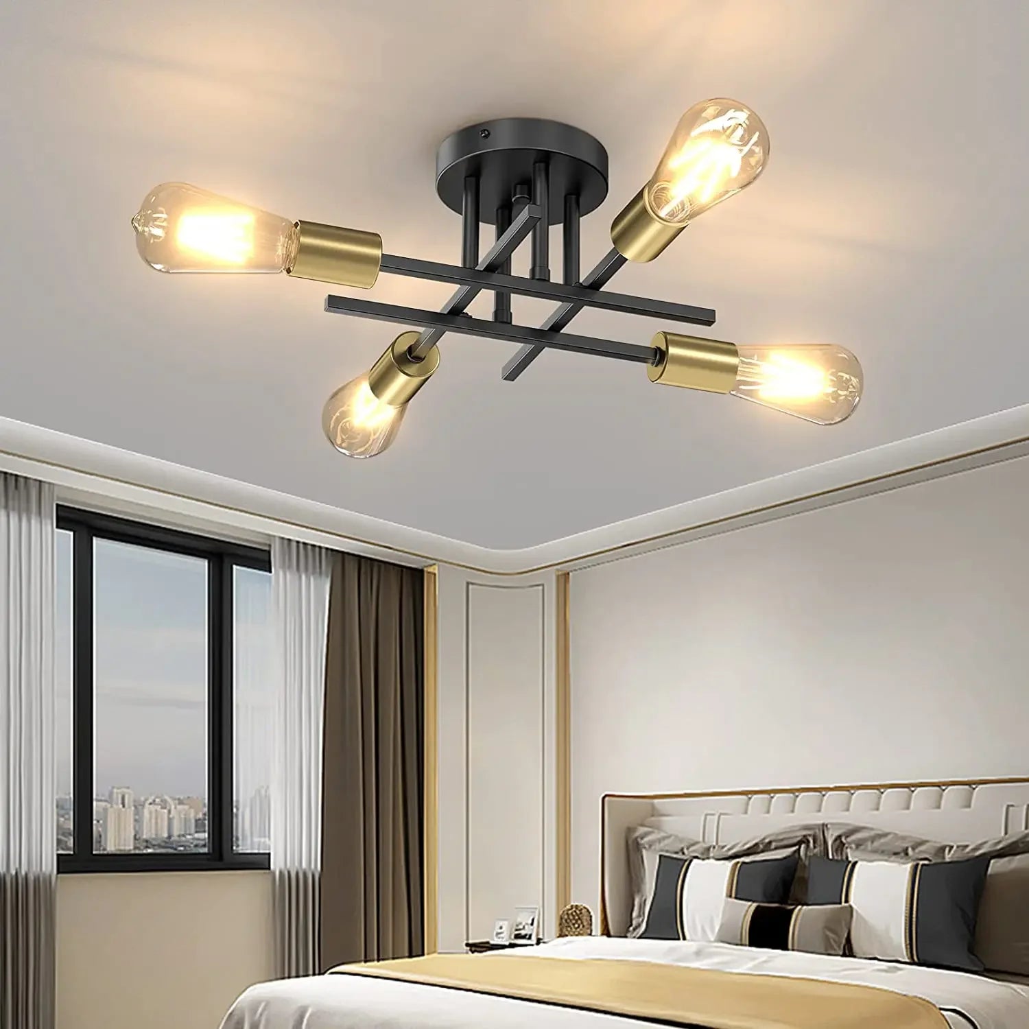 Mid-Century Modern Sputnik Semi Flush Ceiling Chandelier – Black