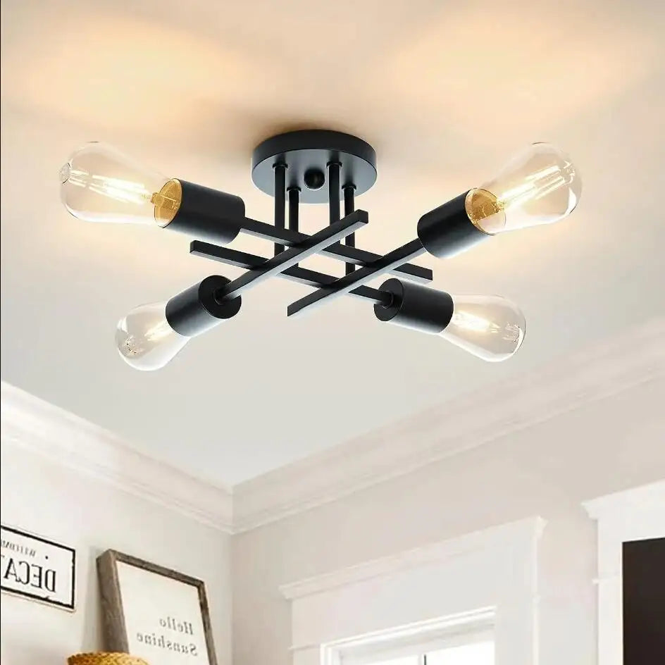 Mid-Century Modern Sputnik Semi Flush Ceiling Chandelier – Black