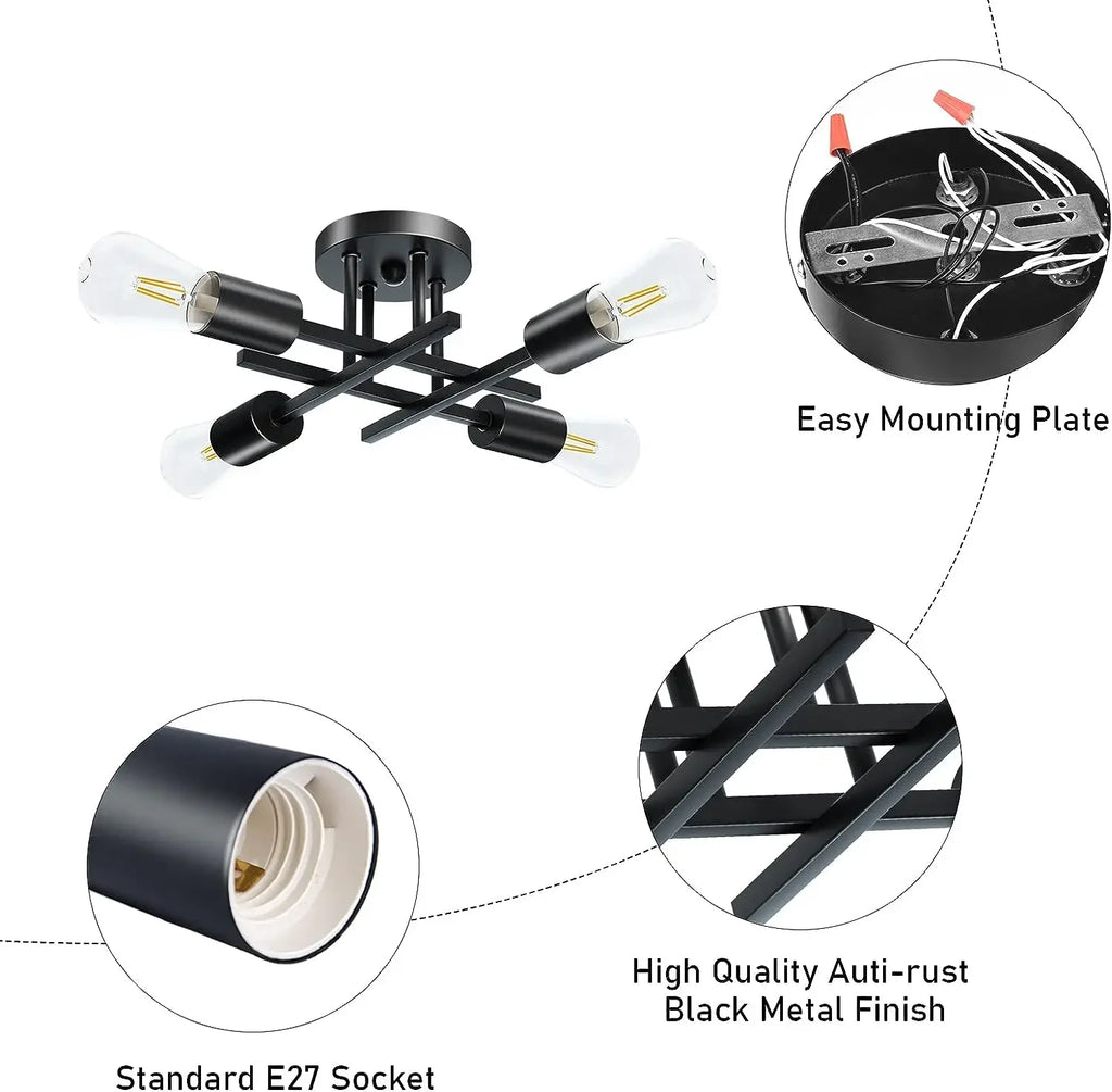 Mid-Century Modern Sputnik Semi Flush Ceiling Chandelier – Black