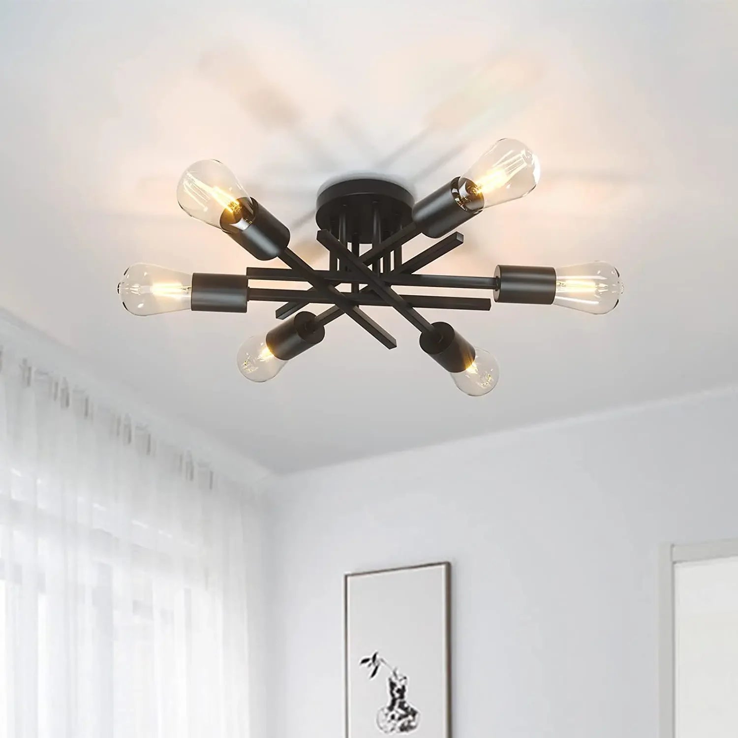 Mid-Century Modern Sputnik Semi Flush Ceiling Chandelier – Black