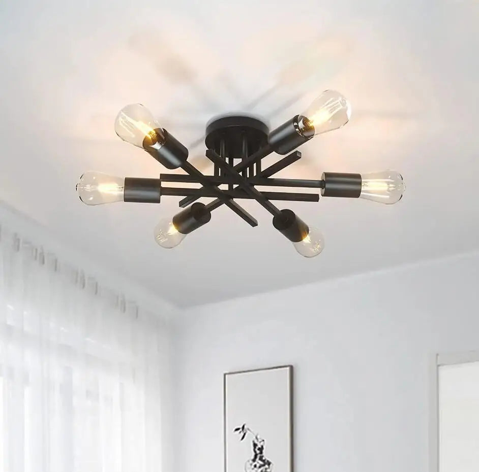 Mid-Century Modern Sputnik Semi Flush Ceiling Chandelier – Black
