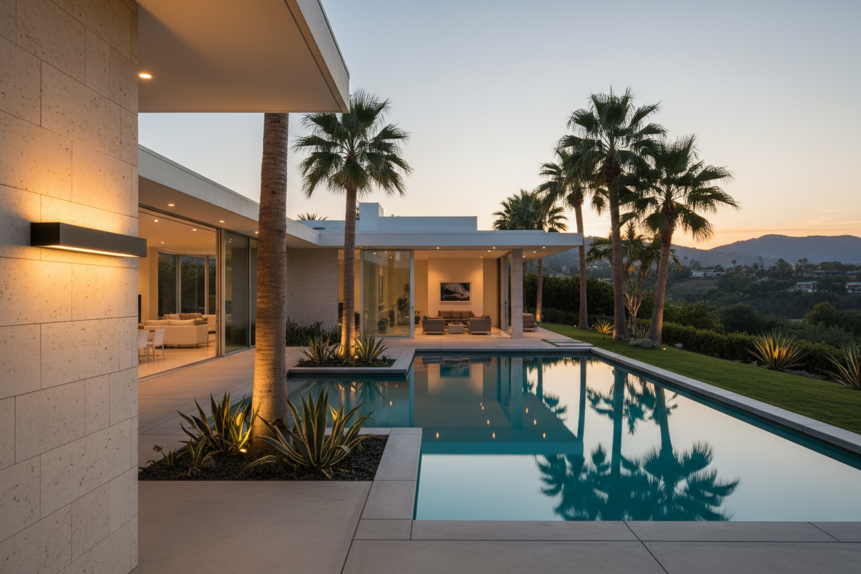 A sleek black outdoor LED light mounted in a luxury Beverly Hills backyard, modern patio with a pool, palm trees, and soft landscape lighting at dusk. The light is turned on, casting a warm glow. High-end home, clean architecture, realistic lighting, professional photography, ultra-realistic, premium lifestyle look.