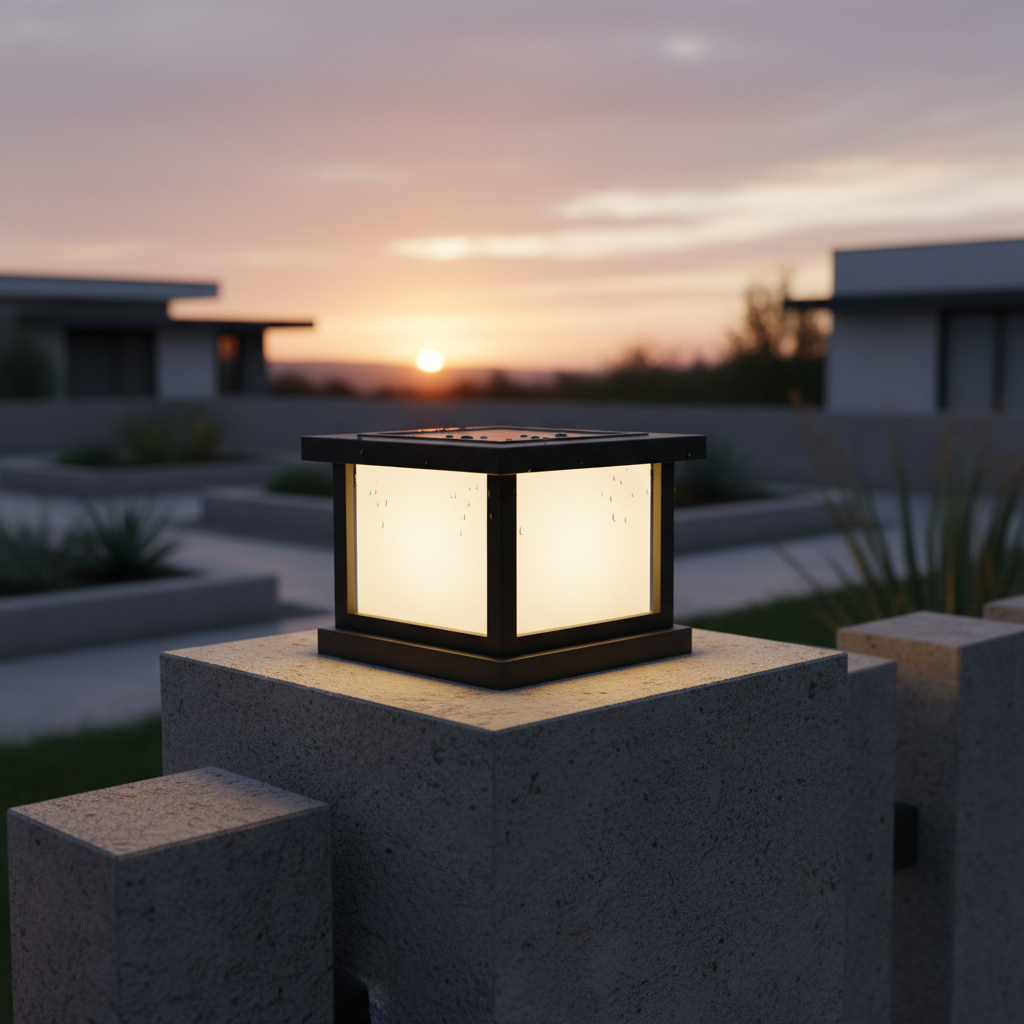 A square solar LED post and fence light with a black metal base and frosted white diffuser panels on all sides. The top features a flat solar panel. The light is mounted on stone or concrete fence posts in a modern residential setting at dusk, emitting a soft, even glow.