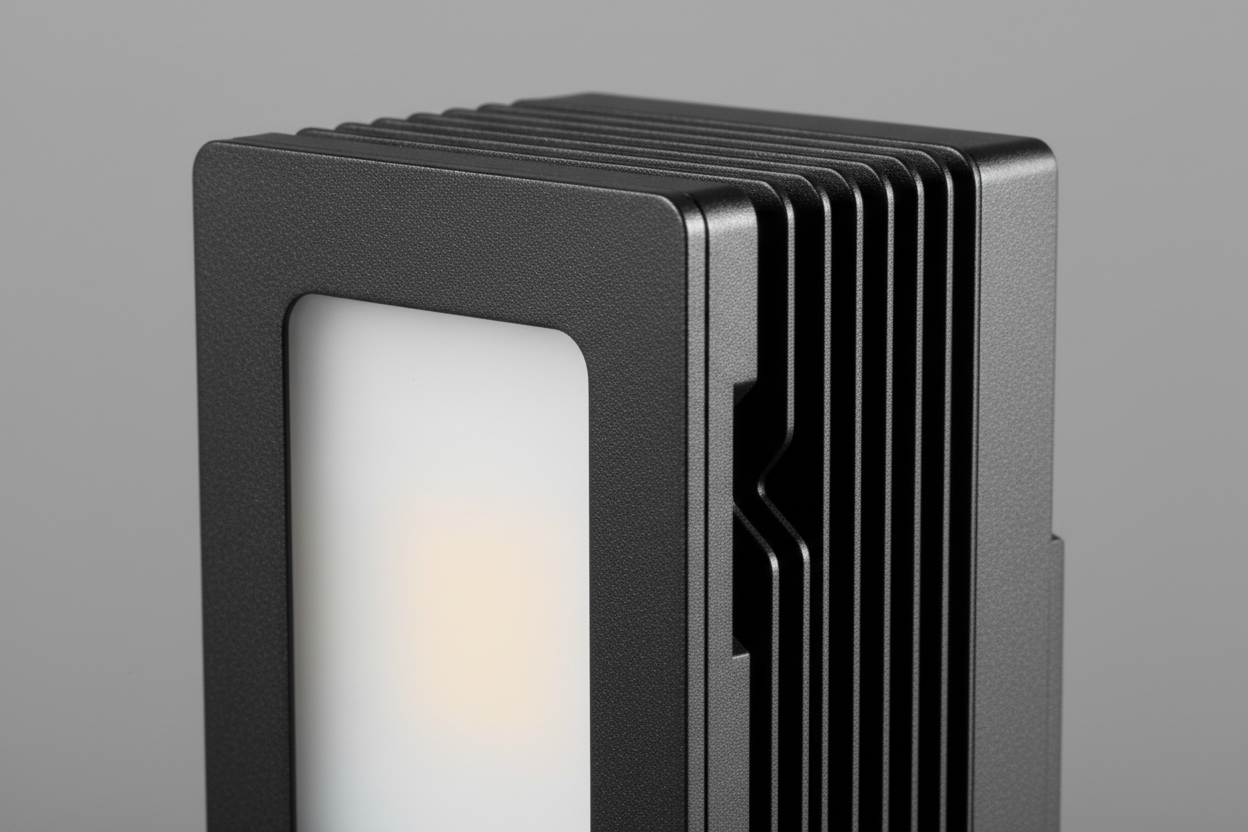 Close-up shot of the outdoor LED light with a matte black aluminum body, visible heat-dissipation fins, and frosted LED diffuser. Sharp focus, high detail, studio-quality lighting, realistic texture, modern minimalist style.