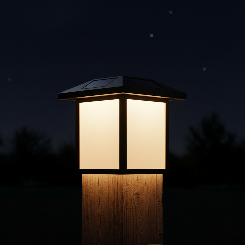 Close-up view of the square solar fence light installed on a post. The black frame, frosted panels, and solar panel on top are clearly visible. The light is turned on at night, showing smooth illumination without glare.