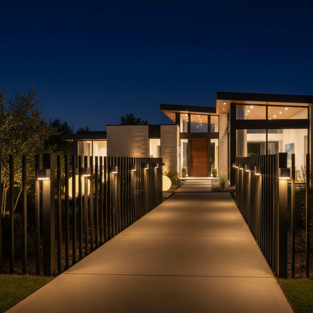 Multiple square solar fence lights mounted evenly along fence posts outside a modern home. The lights are turned on at night, creating a clean, modern exterior lighting look with uniform spacing and soft brightness.